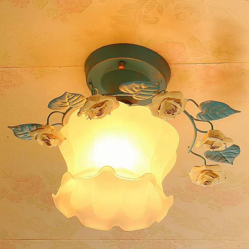 Pastoral Floral Living Room Flush Mount Light with Frosted White Glass and Blue Accent