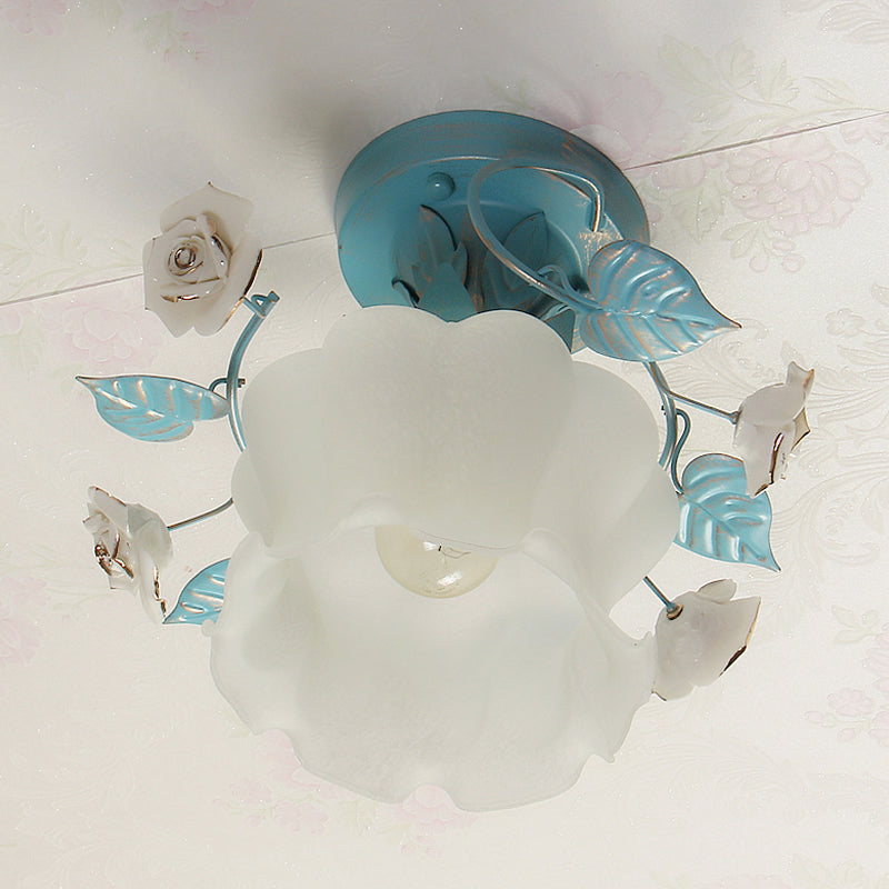 Pastoral Floral Living Room Flush Mount Light with Frosted White Glass and Blue Accent