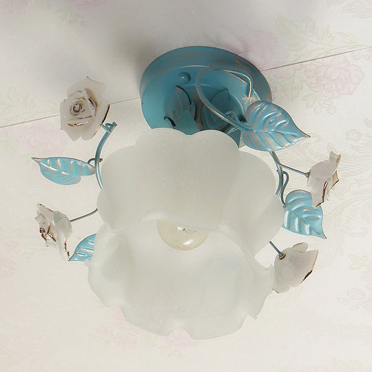 Pastoral Floral Living Room Flush Mount Light With Frosted White Glass And Blue Accent