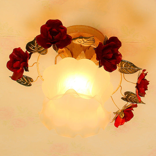 Korean Garden Ruffle Semi Flush Mount Lamp - 1-Light Frost White Glass Ceiling Light With Red Rose