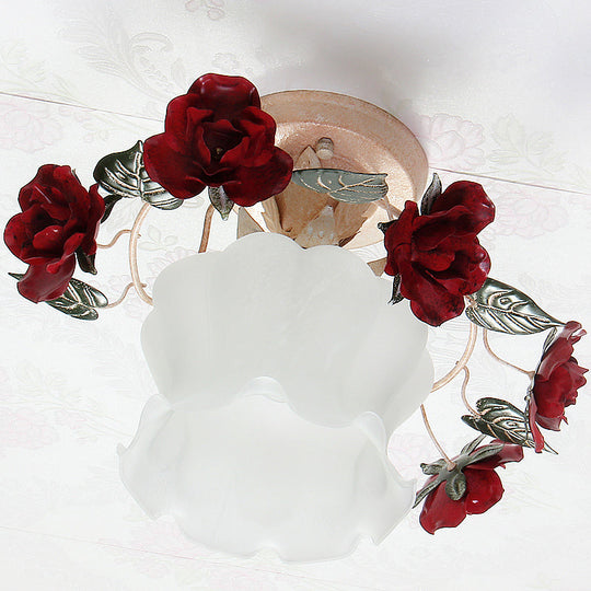 Korean Garden Ruffle Semi Flush Mount Lamp - 1-Light Frost White Glass Ceiling Light With Red Rose