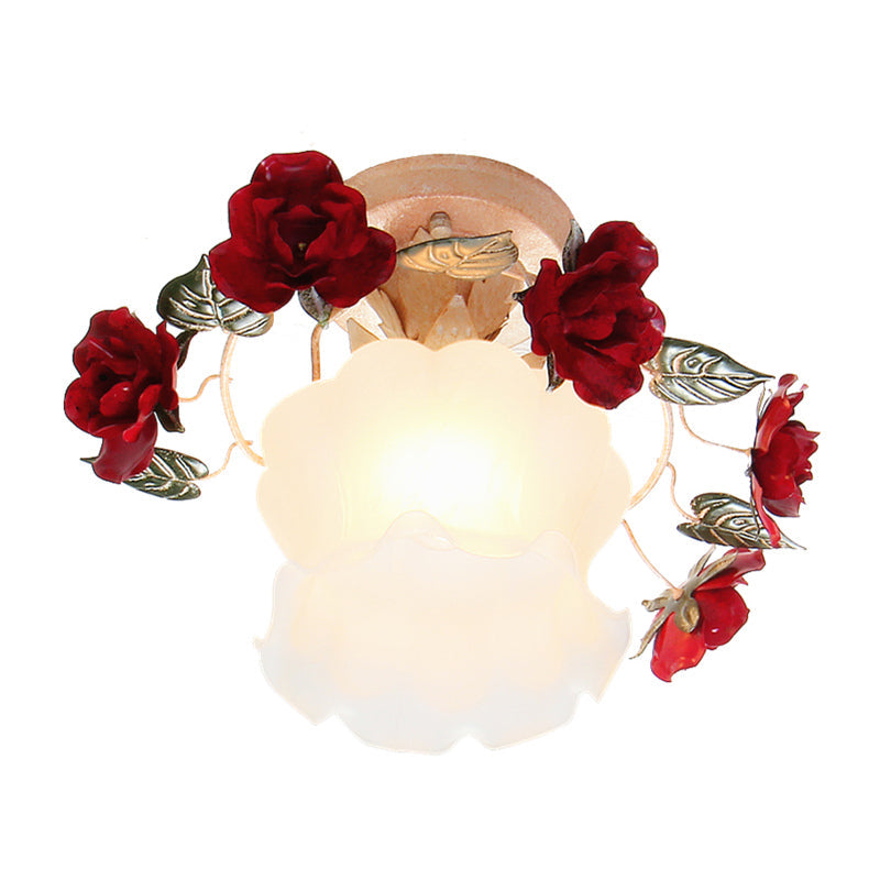 Korean Garden Ruffle Semi Flush Mount Lamp - Frost White Glass Ceiling Light with Red Rose Deco