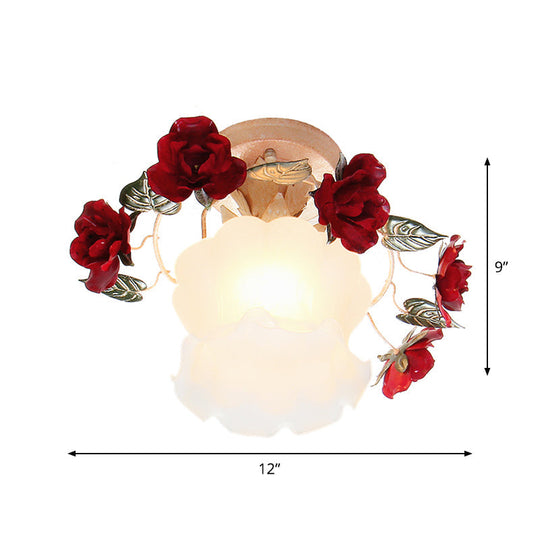 Korean Garden Ruffle Semi Flush Mount Lamp - 1-Light Frost White Glass Ceiling Light With Red Rose