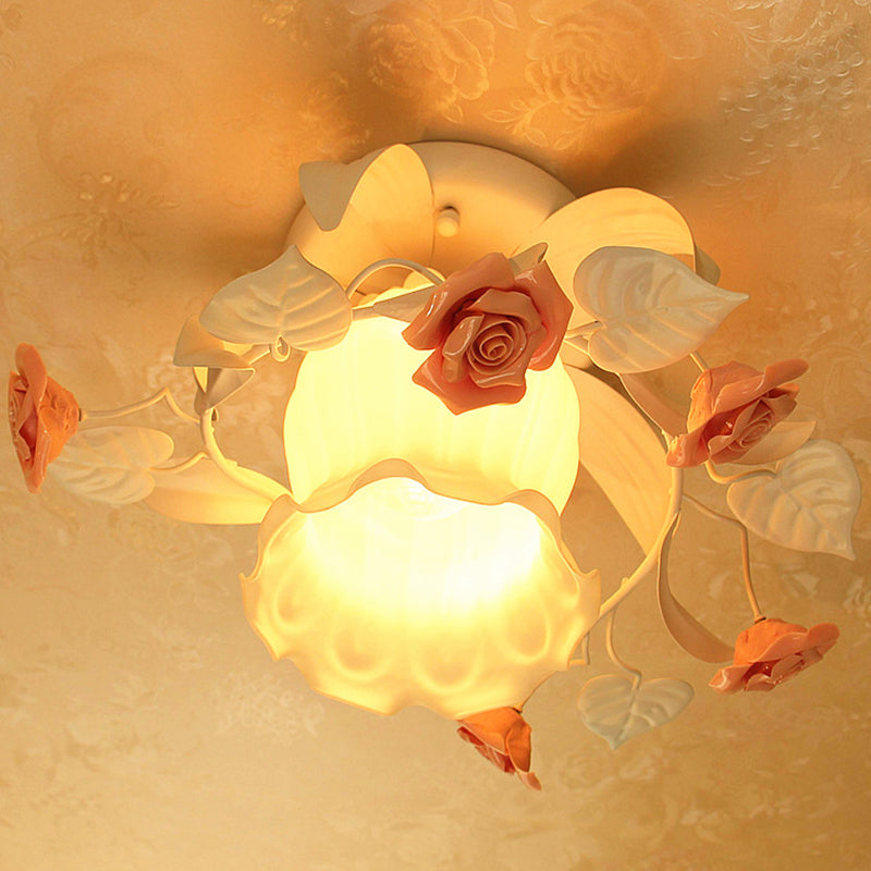 Korean Garden Ruffle Semi Flush Mount Lamp - Elegant Flower Deco, White Frosted Glass Ceiling Light