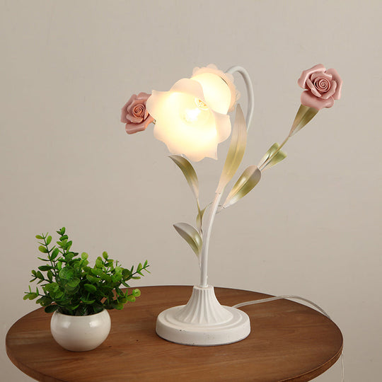 Korean Garden Table Light: Floral Opal Frosted Glass Shade Red/Pink