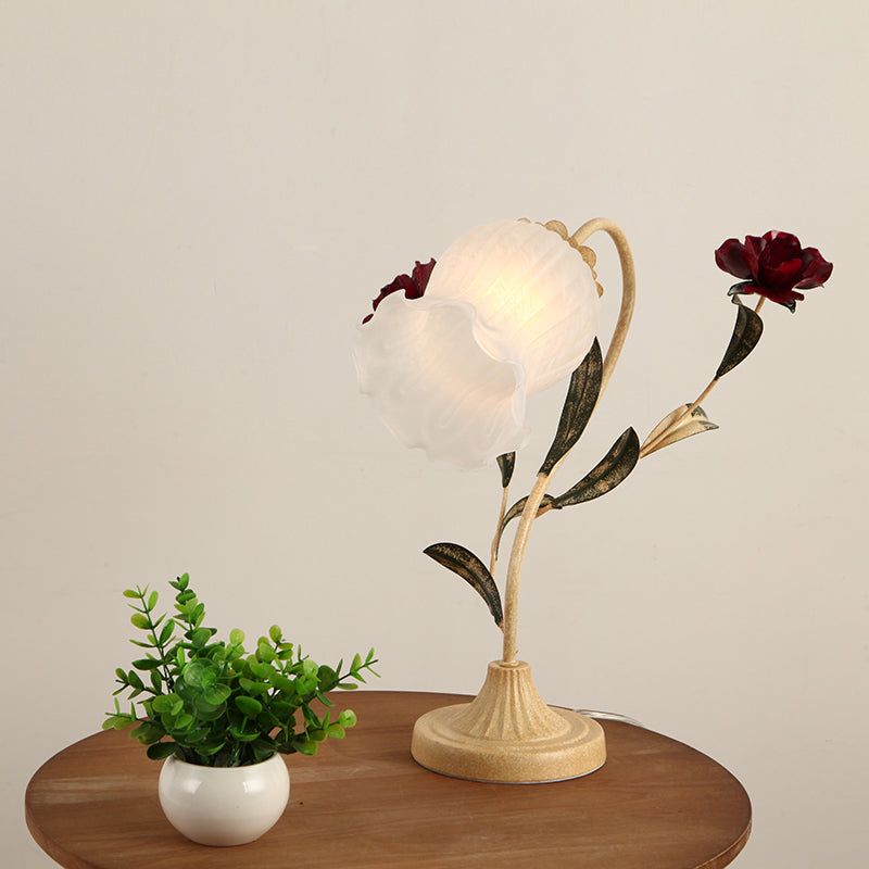 Korean Garden Table Light: Floral Opal Frosted Glass Shade Red/Pink Red