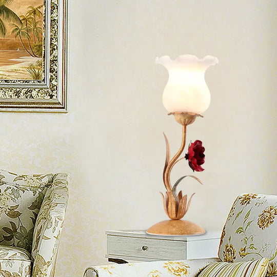 American Garden Beige/White/Green Flower Nightstand Lamp With Frosted Milky Glass For Living Room