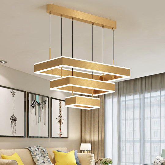 Postmodern Acrylic Gold Finish LED Chandelier - 2/3 Tiers Square/Rectangle Pendant Light for Living Room