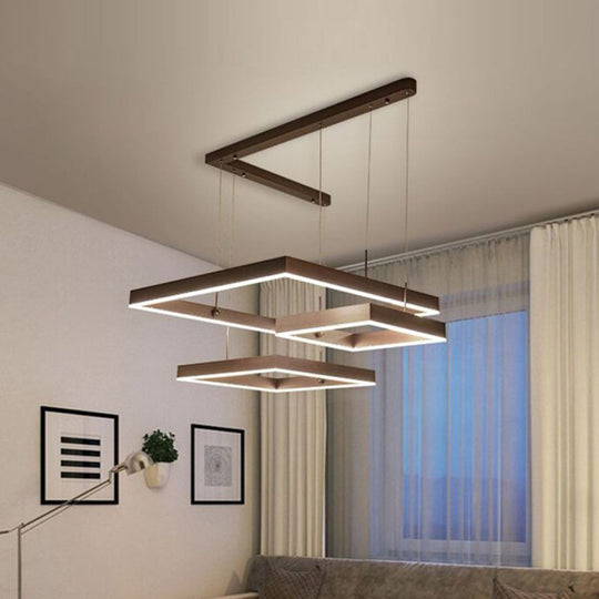 LED Square Drop Pendant Chandelier for Bedrooms - 2/3 Tiered, Simple Metal Design, Coffee