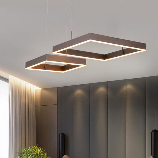 LED Square Drop Pendant Chandelier for Bedrooms - 2/3 Tiered, Simple Metal Design, Coffee