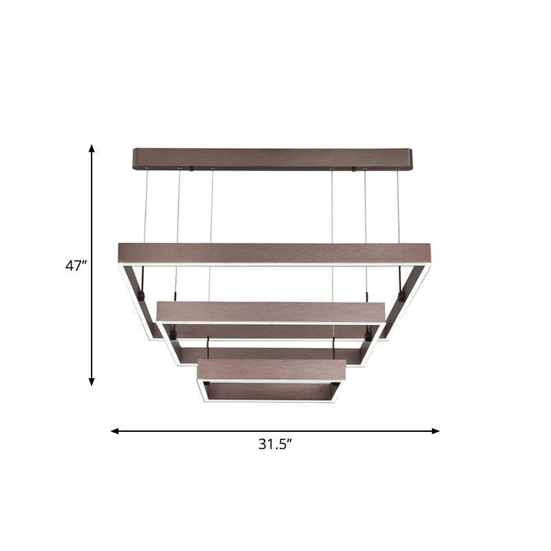 Modernist Led Office Ceiling Chandelier - Layered Square Design Aluminum 3-Light Coffee Finish