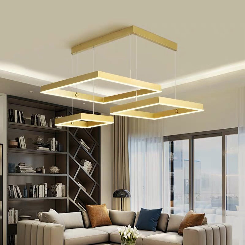 Minimalist Gold/Coffee 3-Head LED Pendant Light with Square Acrylic Shade - Warm/White Light for Living Room