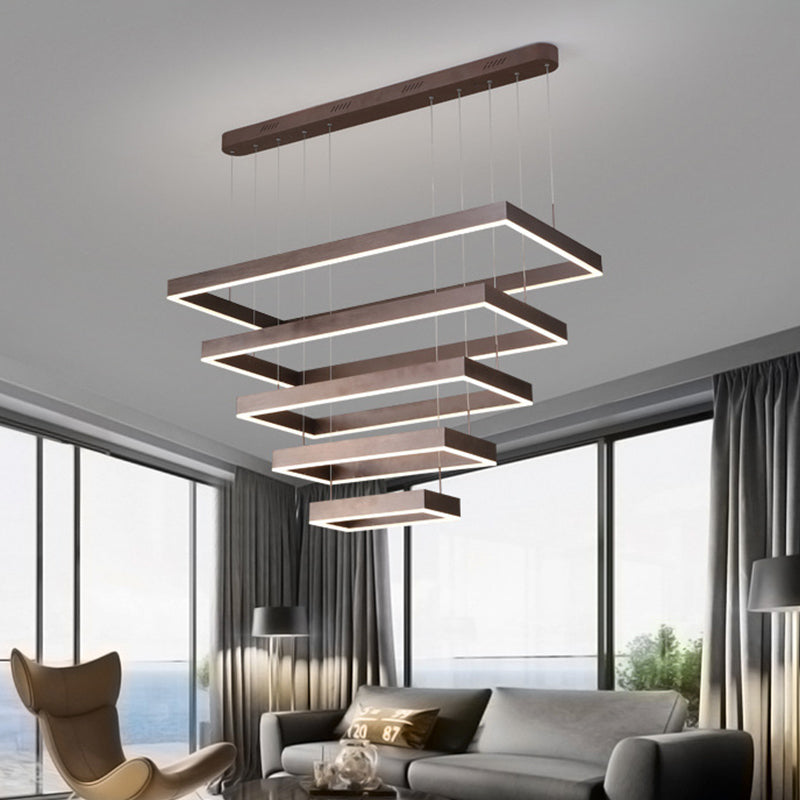 Contemporary Led Chandelier - Coffee 2/4/5 Tiered Rectangular Pendant Light With Acrylic Shade / 5