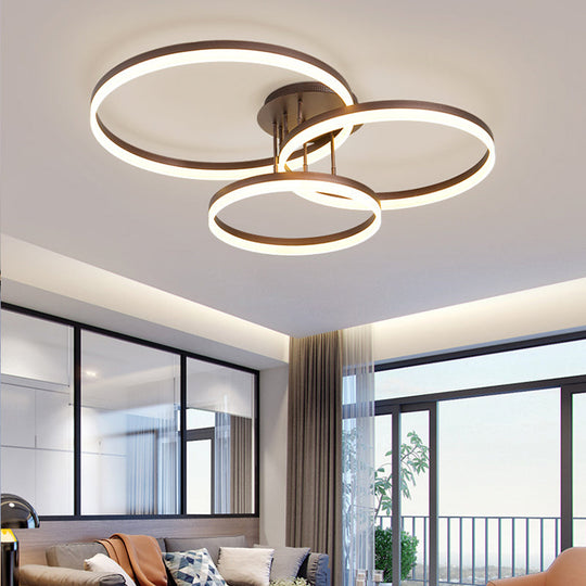 Minimalist Gold/Coffee 3-Ring Led Ceiling Light In Warm/White