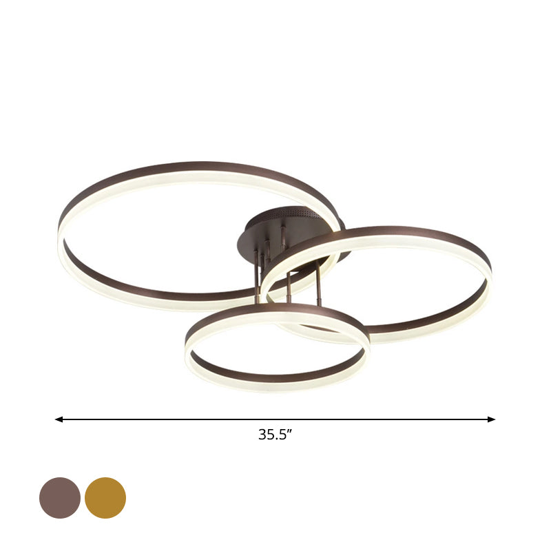 Minimalist Gold/Coffee 3-Ring Led Ceiling Light In Warm/White