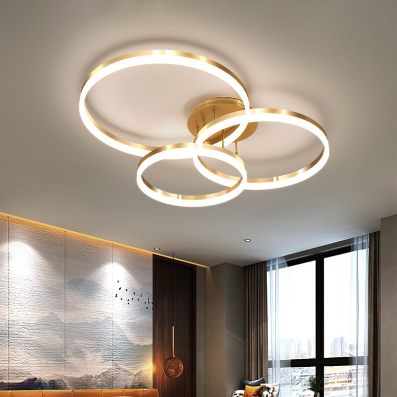 Minimalist Gold/Coffee 3-Ring Led Ceiling Light In Warm/White Gold / White