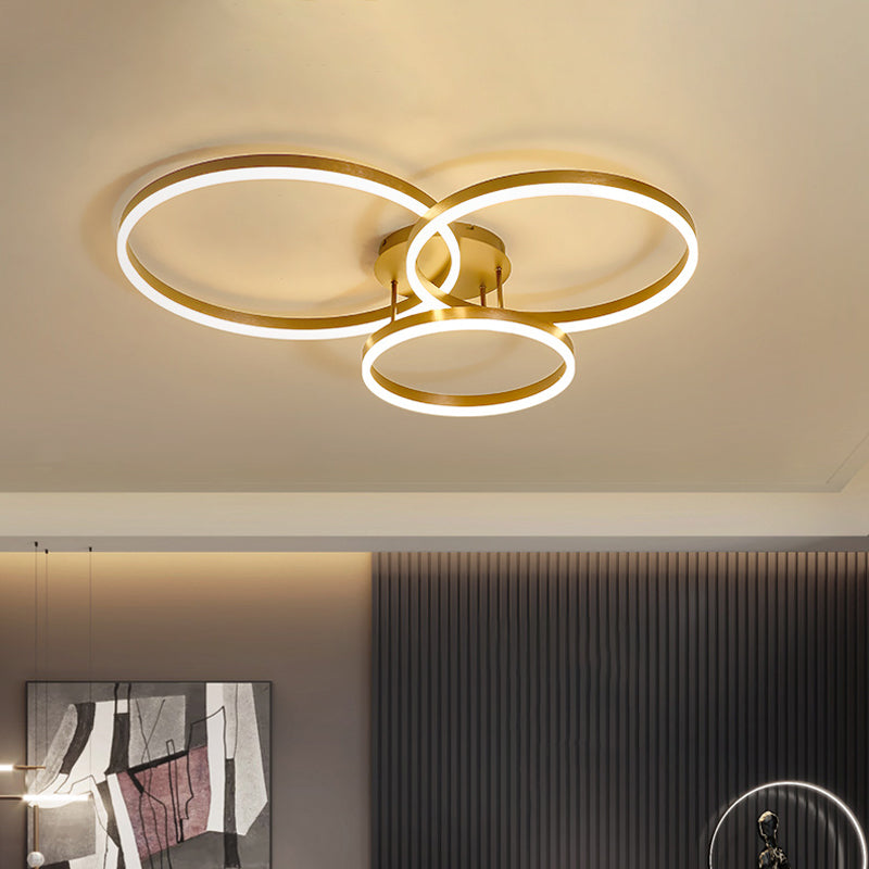 Minimalist Gold/Coffee 3-Ring Led Ceiling Light In Warm/White