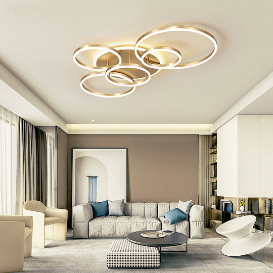 Modern Interlocking Ring Led Ceiling Lamp - Gold Flushmount 3/5 Tiered Warm/White Light