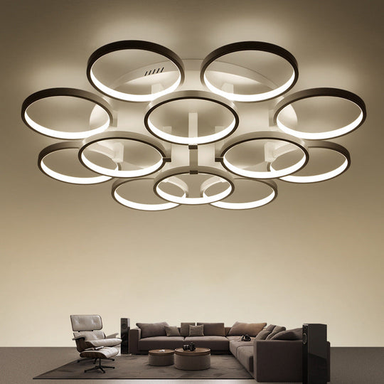 Modern Acrylic Flush Ceiling Light in White - Flower-Like Circle Design, 9/12 Lights, LED, Ideal for Living Room