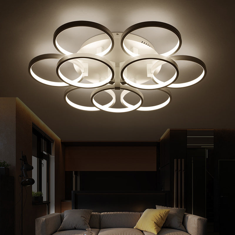 Modern Acrylic Flush Ceiling Light in White - Flower-Like Circle Design, 9/12 Lights, LED, Ideal for Living Room