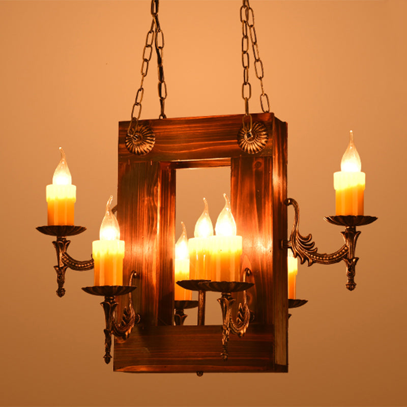 Industrial Wood Candelabra Chandelier with 5/7 Hanging Lights in Brown Finish