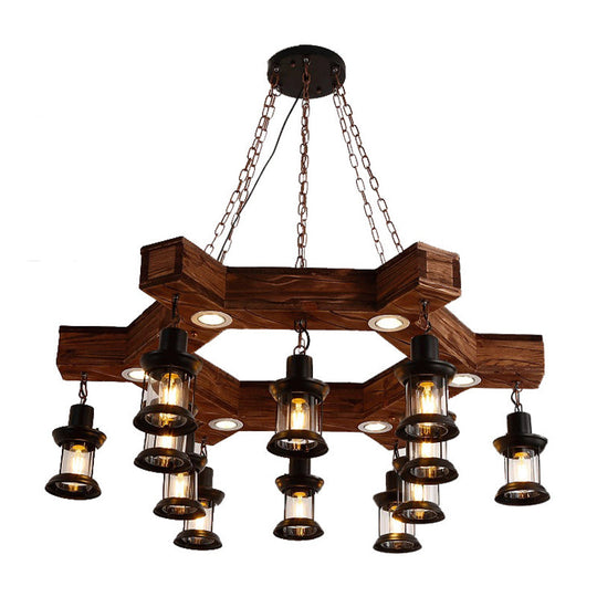 Industrial Wood Chandelier Lamp - 15 Head Black Suspension Lighting Fixture With Tree/Rudder Design