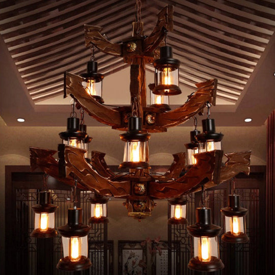 15-Head Wood Black Chandelier - Industrial Tree/Rudder Suspension Lighting Fixture