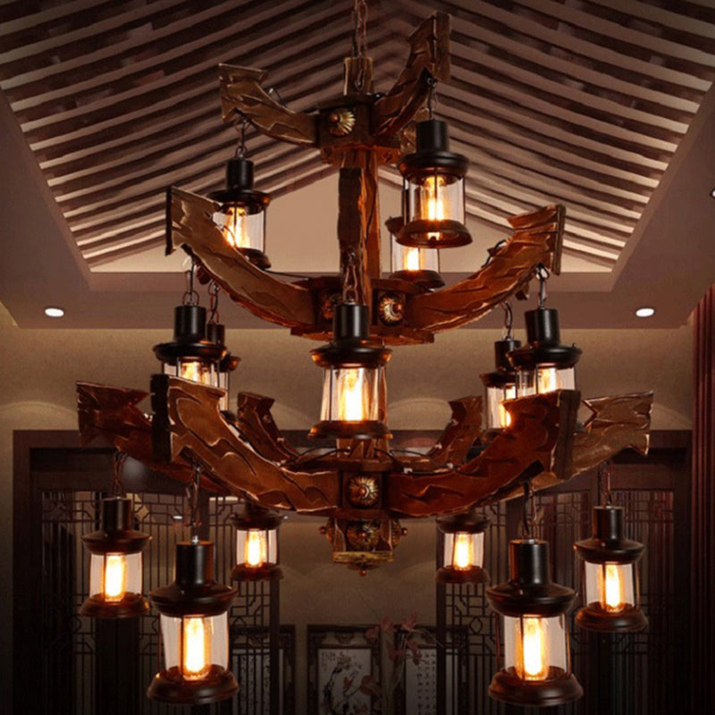 Industrial Wood Chandelier Lamp - 15 Head Black Suspension Lighting Fixture With Tree/Rudder Design