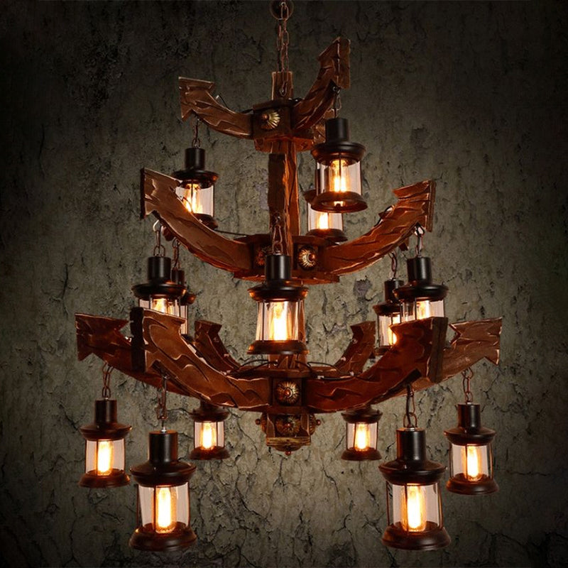 Industrial Wood Chandelier Lamp - 15 Head Black Suspension Lighting Fixture With Tree/Rudder Design