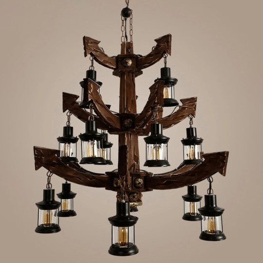 Industrial Wood Chandelier Lamp - 15 Head Black Suspension Lighting Fixture With Tree/Rudder Design