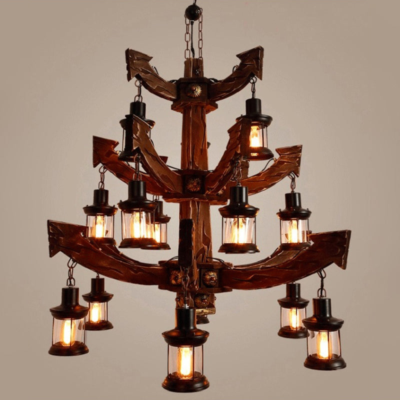 Industrial Wood Chandelier Lamp - 15 Head Black Suspension Lighting Fixture With Tree/Rudder Design