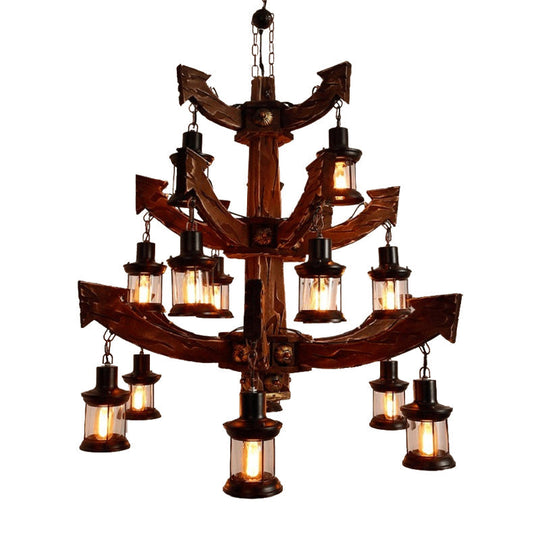 Industrial Wood Chandelier Lamp - 15 Head Black Suspension Lighting Fixture With Tree/Rudder Design