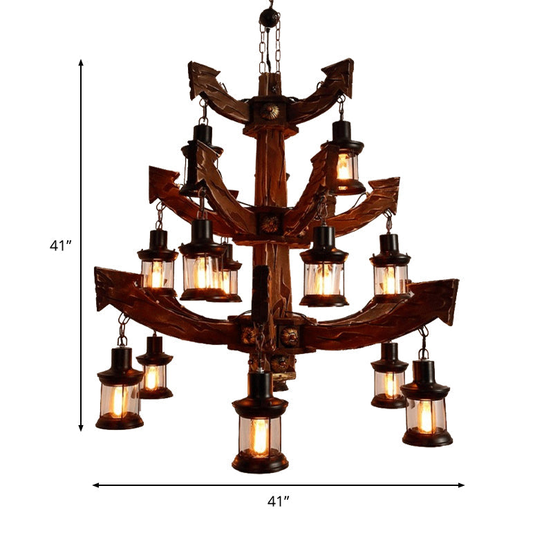 Industrial Wood Chandelier Lamp - 15 Head Black Suspension Lighting Fixture With Tree/Rudder Design