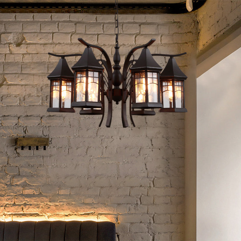 Industrial Black Ceiling Light with Clear Glass Lantern Chandelier - 3/5/6 Heads