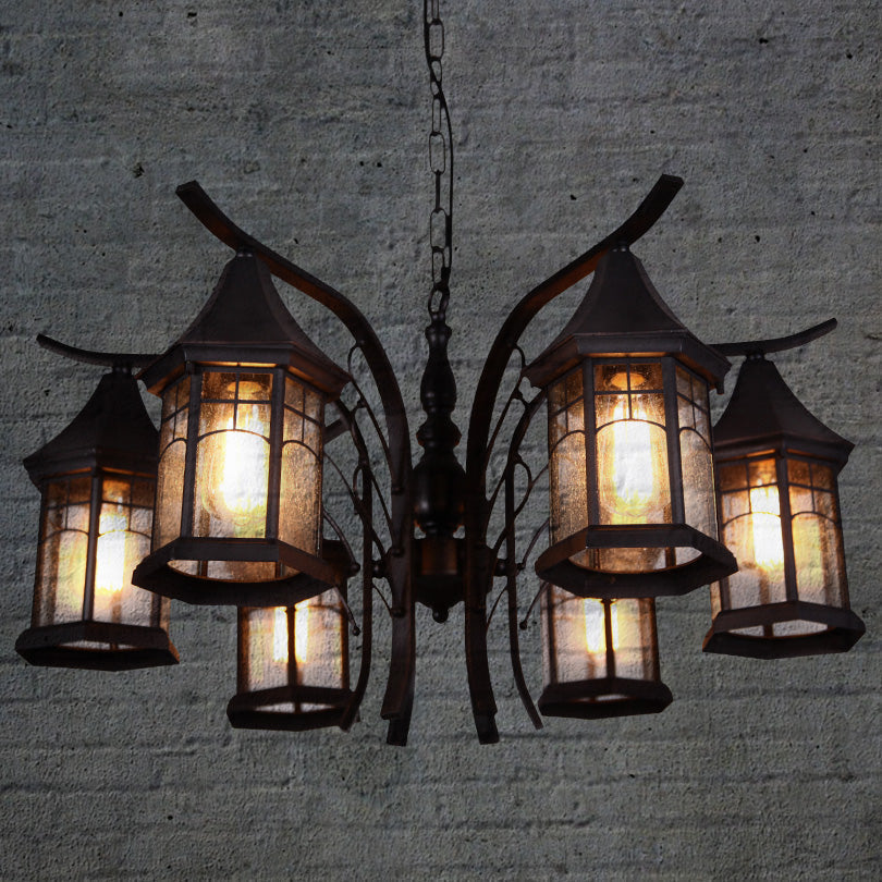 Industrial Black Ceiling Light with Clear Glass Lantern Chandelier - 3/5/6 Heads