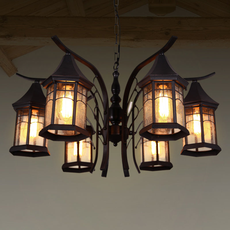 Industrial Black Ceiling Light with Clear Glass Lantern Chandelier - 3/5/6 Heads