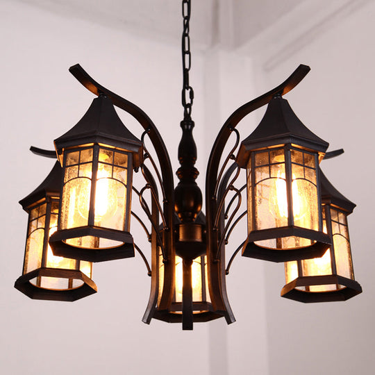 Industrial Black Ceiling Light with Clear Glass Lantern Chandelier - 3/5/6 Heads