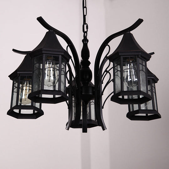 Industrial Black Ceiling Light with Clear Glass Lantern Chandelier - 3/5/6 Heads