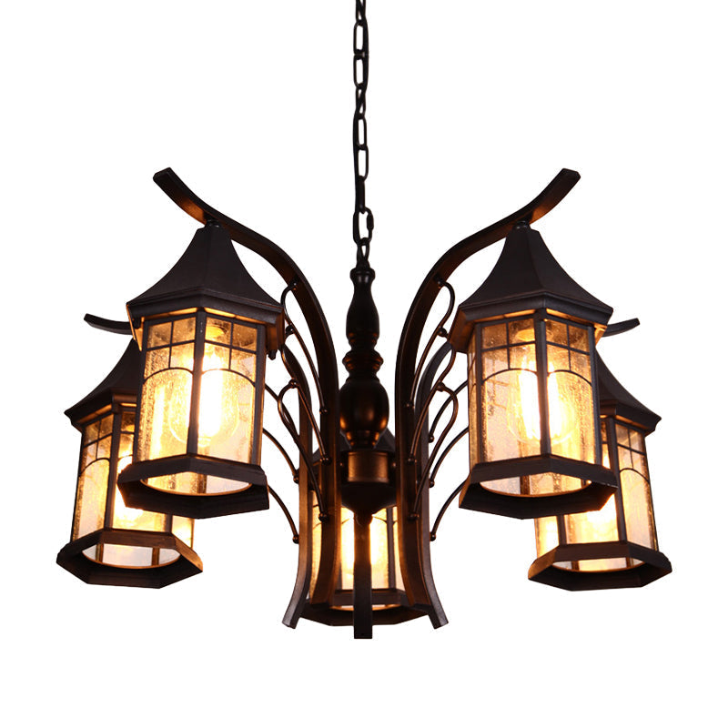 Industrial Black Ceiling Light with Clear Glass Lantern Chandelier - 3/5/6 Heads