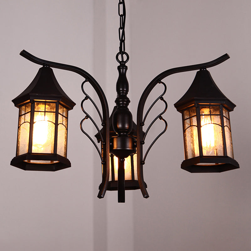 Industrial Black Ceiling Light with Clear Glass Lantern Chandelier - 3/5/6 Heads