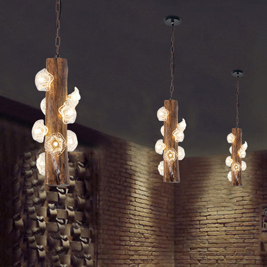 Industrial Beige Wood Chandelier - 8 Heads; Flared Restaurant Suspension Lamp