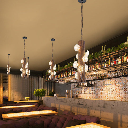 Industrial Beige Wood Chandelier - 8 Heads; Flared Restaurant Suspension Lamp