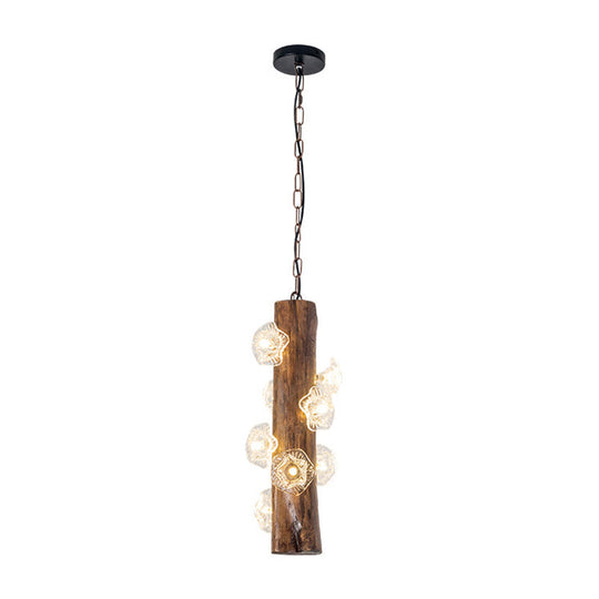 Industrial Beige Wood Chandelier - 8 Heads; Flared Restaurant Suspension Lamp