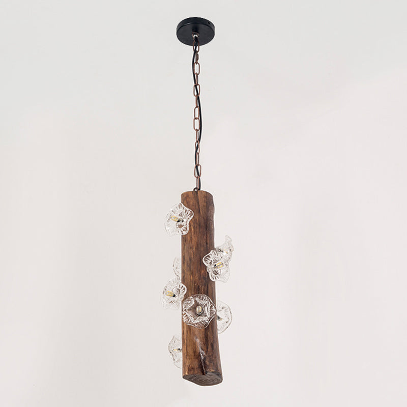 Industrial Beige Wood Chandelier - 8 Heads; Flared Restaurant Suspension Lamp