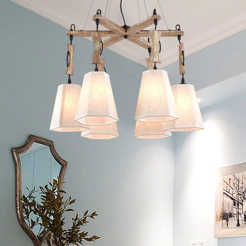 Tapered Industrial Chandelier with 6 Heads in Black, White, and Flaxen Wood