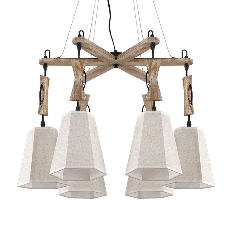 Tapered Chandelier Lighting: Industrial 6-Head Suspension Lamp In Black/White/Flaxen Wood