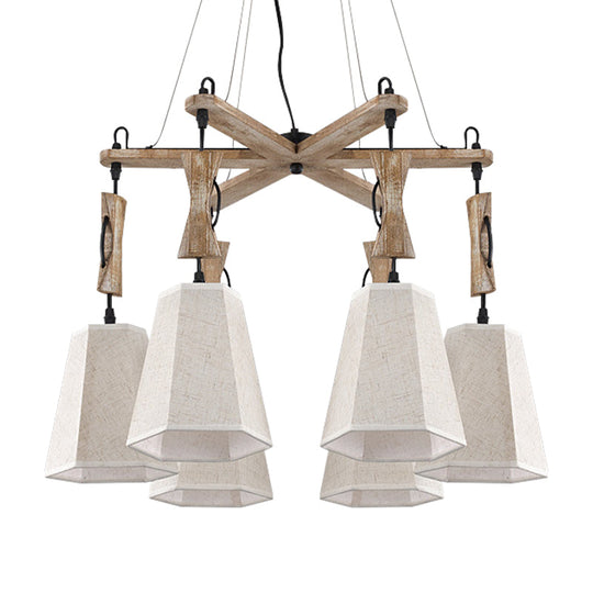 Tapered Chandelier Lighting: Industrial 6-Head Suspension Lamp In Black/White/Flaxen Wood