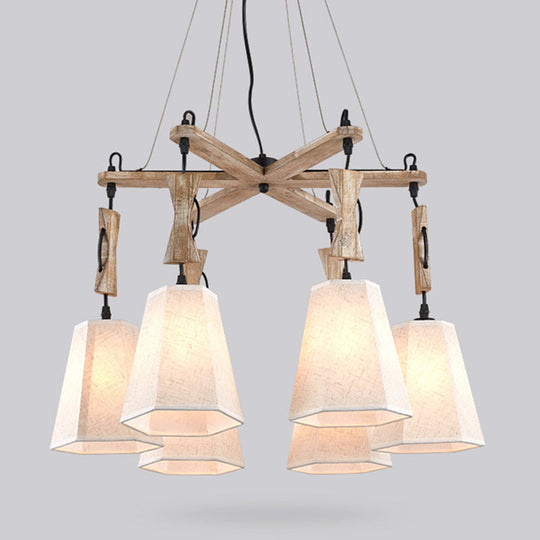 Tapered Chandelier Lighting: Industrial 6-Head Suspension Lamp In Black/White/Flaxen Wood