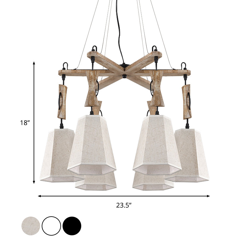 Tapered Chandelier Lighting: Industrial 6-Head Suspension Lamp In Black/White/Flaxen Wood