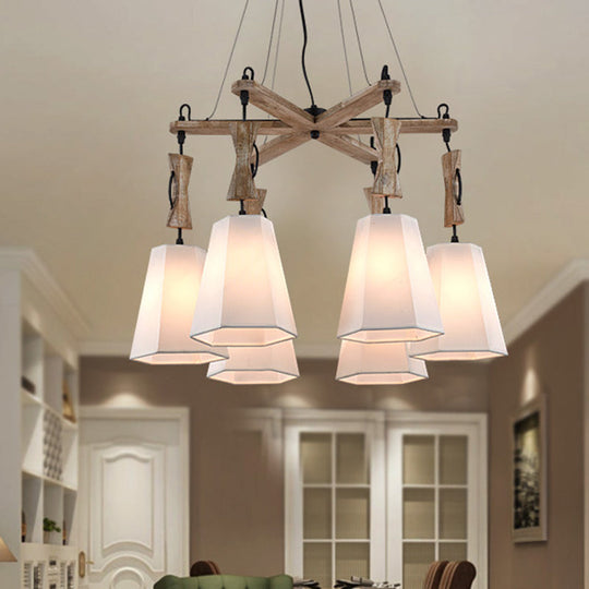 Tapered Chandelier Lighting: Industrial 6-Head Suspension Lamp In Black/White/Flaxen Wood